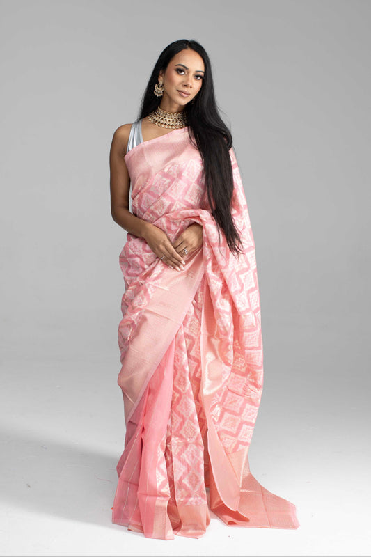 Peach Cotton Saree with Silver Work