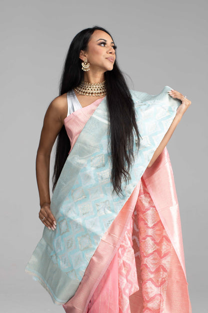 Peach Cotton Saree with Silver Work