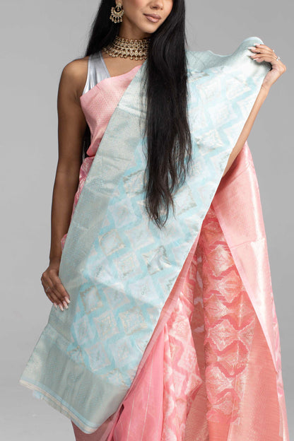 Peach Cotton Saree with Silver Work
