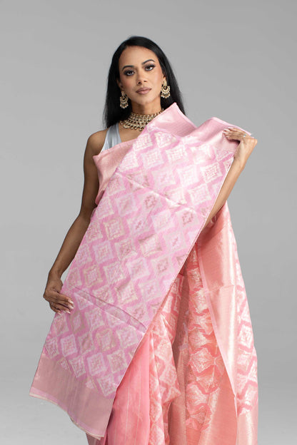 Peach Cotton Saree with Silver Work