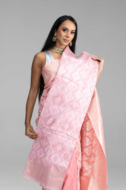 Peach Cotton Saree with Silver Work
