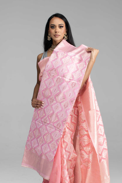 Peach Cotton Saree with Silver Work
