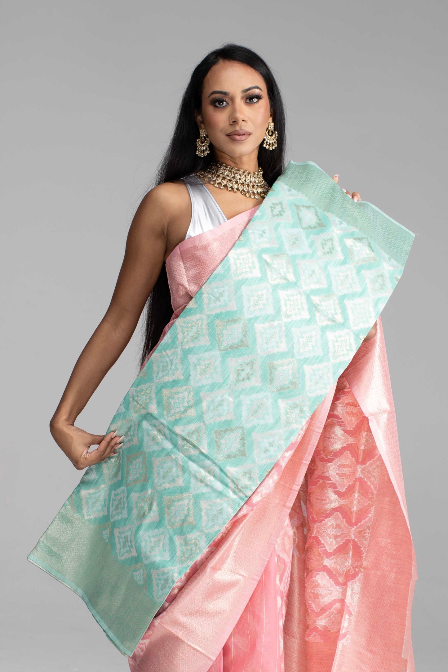 Peach Cotton Saree with Silver Work