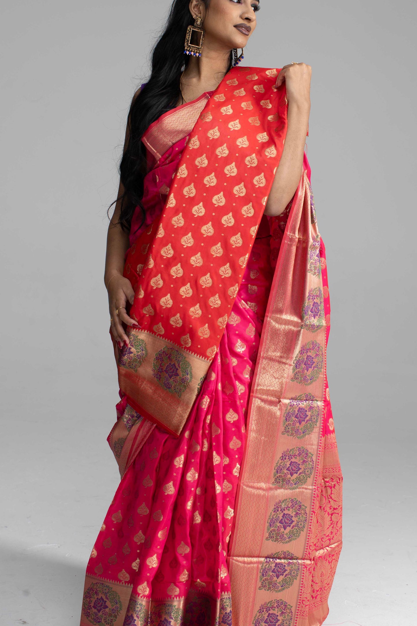 Radiant Pink Silk Saree with Golden Zari Weaving & Floral Motifs