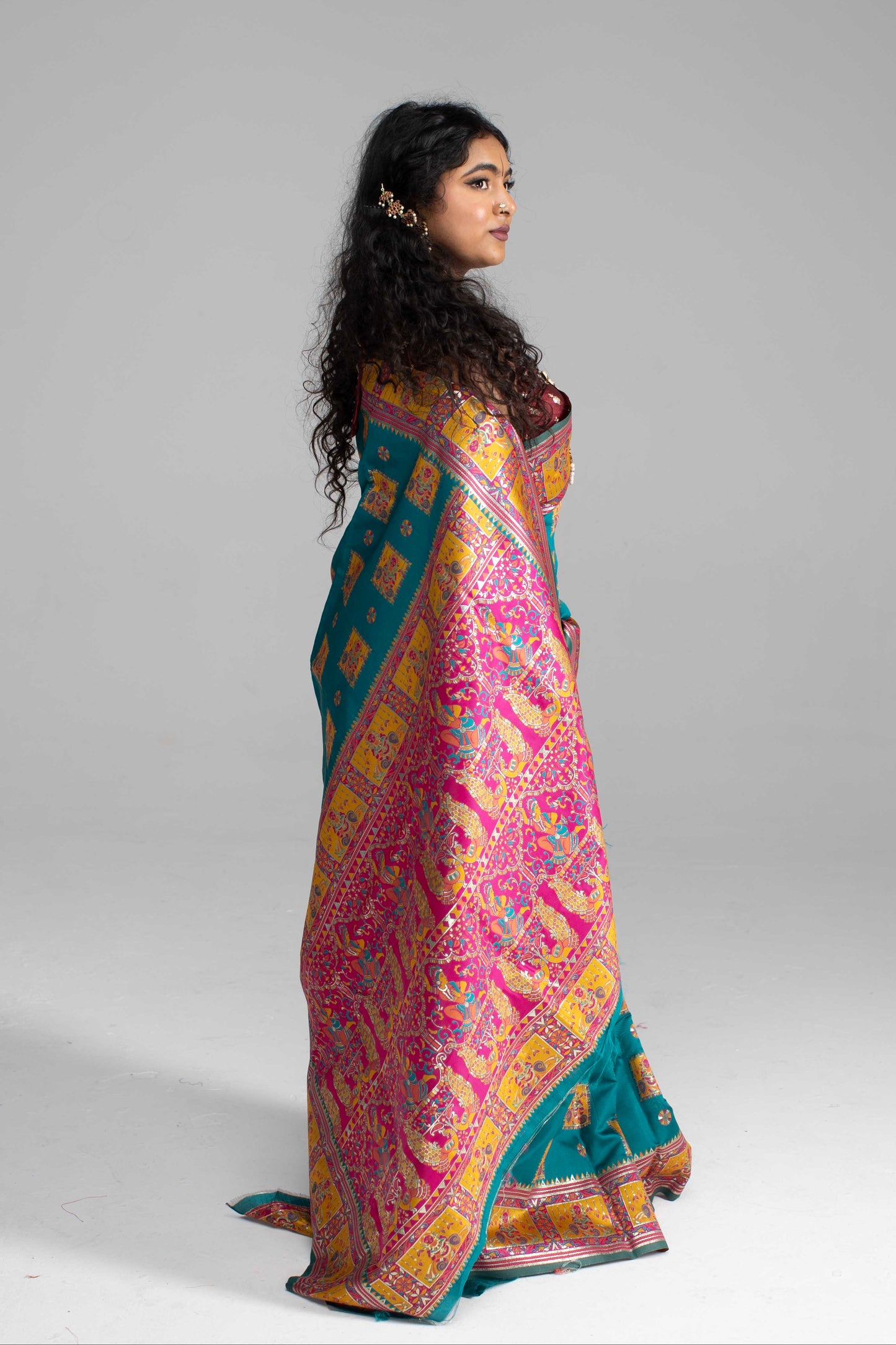 Radiant Teal & Magenta Banarasi Silk Saree with Goddess & temple motifs