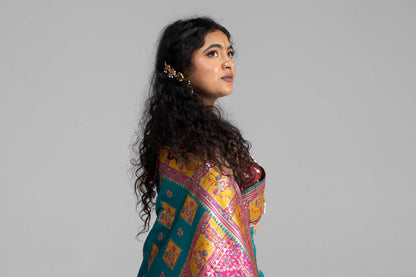 Radiant Teal & Magenta Banarasi Silk Saree with Goddess & temple motifs