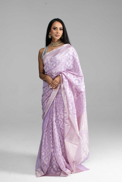 Lilac Cotton Saree with Silver Zari Work