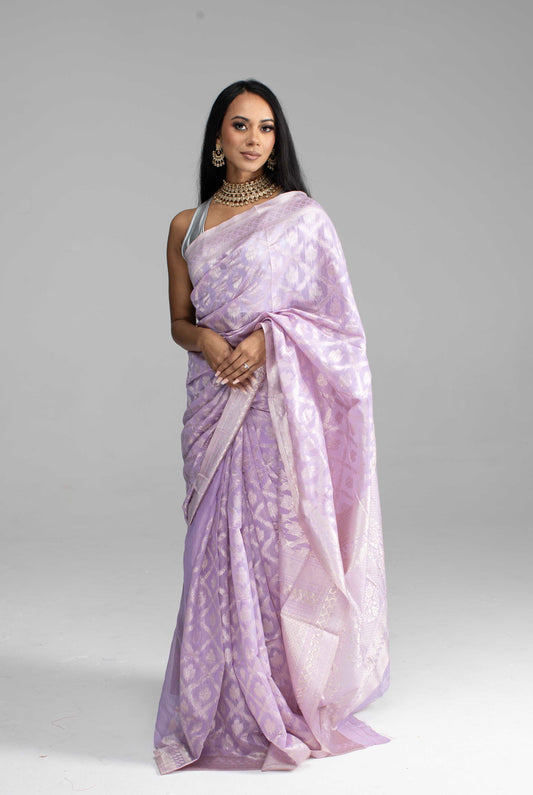 Lilac Cotton Saree with Silver Zari Work