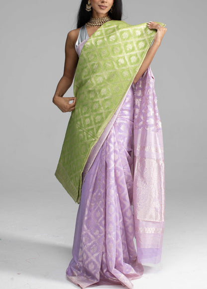Lilac Cotton Saree with Silver Zari Work