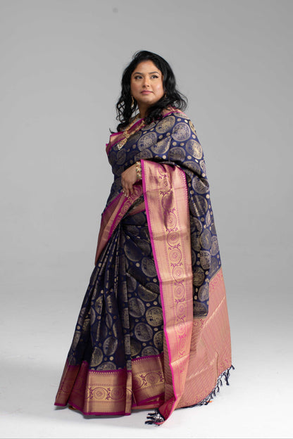 Dark Blue Saree with Gold Butta Motifs and Pink Border