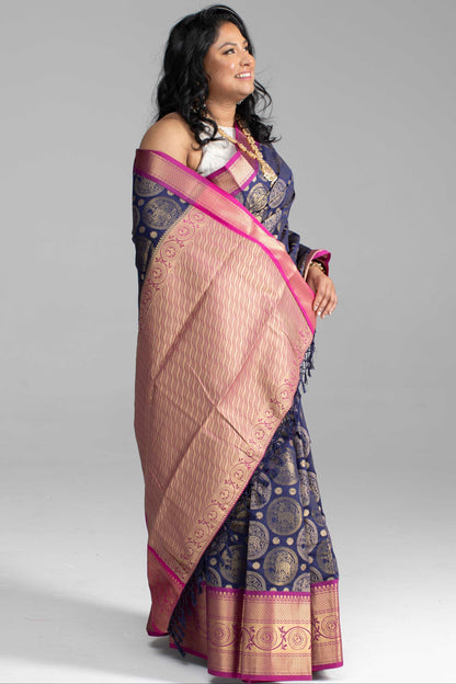 Dark Blue Saree with Gold Butta Motifs and Pink Border