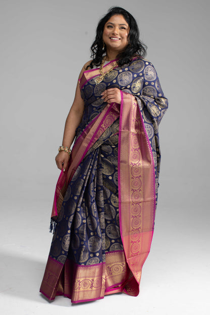 Dark Blue Saree with Gold Butta Motifs and Pink Border