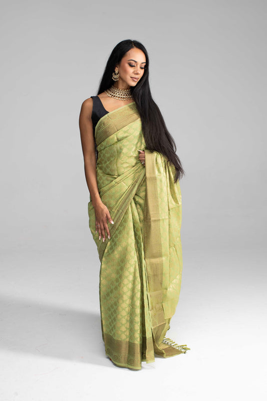 Olive Green Silk Saree Adorned in All-Over Gold Work