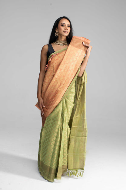 Olive Green Silk Saree Adorned in All-Over Gold Work