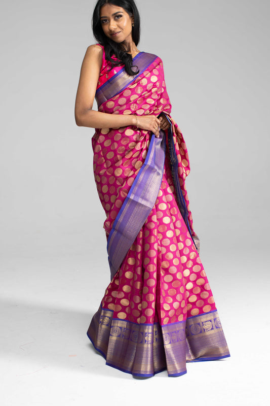 Magenta Saree with Blue Border and Statement Round Buttas