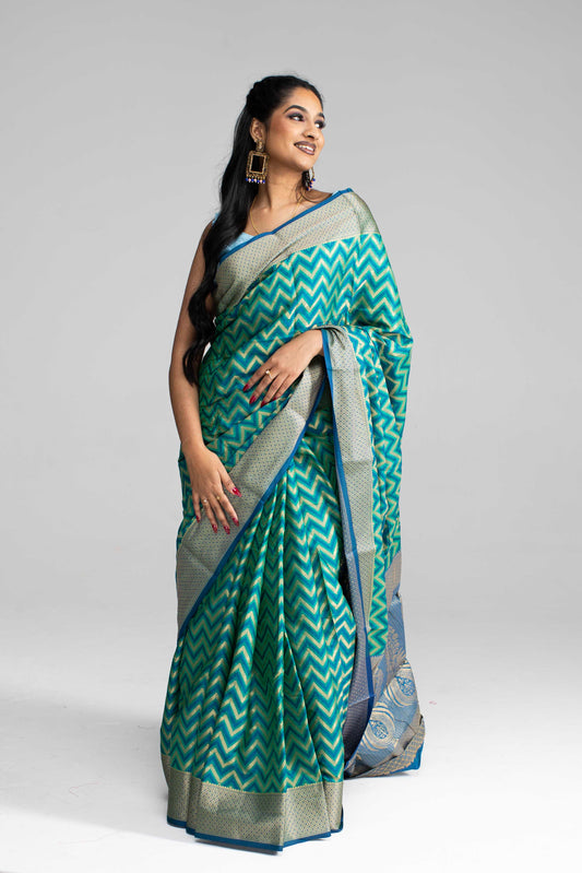 Teal Green and Blue Zigzag Patterned Saree