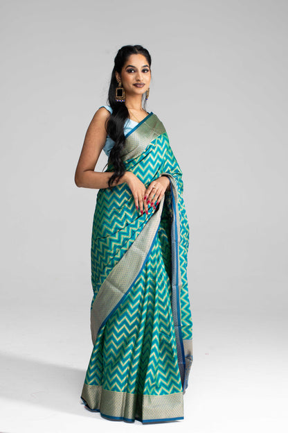 Teal Green and Blue Zigzag Patterned Saree