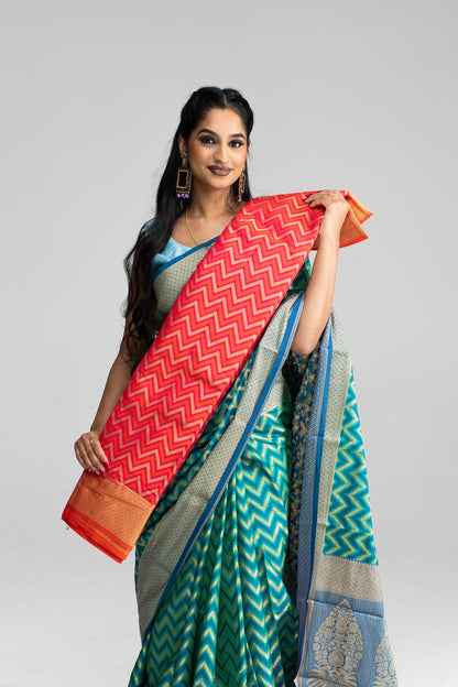 Teal Green and Blue Zigzag Patterned Saree