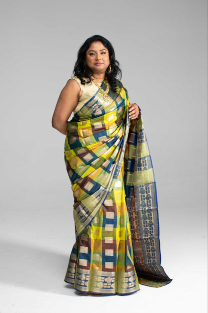 Radiant Multicoloured Chequered Silk Saree