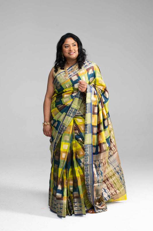 Radiant Multicoloured Chequered Silk Saree
