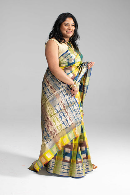 Radiant Multicoloured Chequered Silk Saree