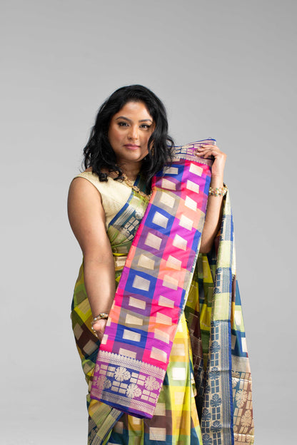 Radiant Multicoloured Chequered Silk Saree