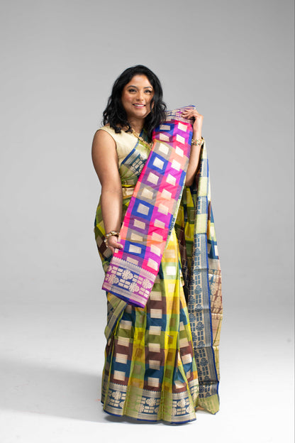 Radiant Multicoloured Chequered Silk Saree