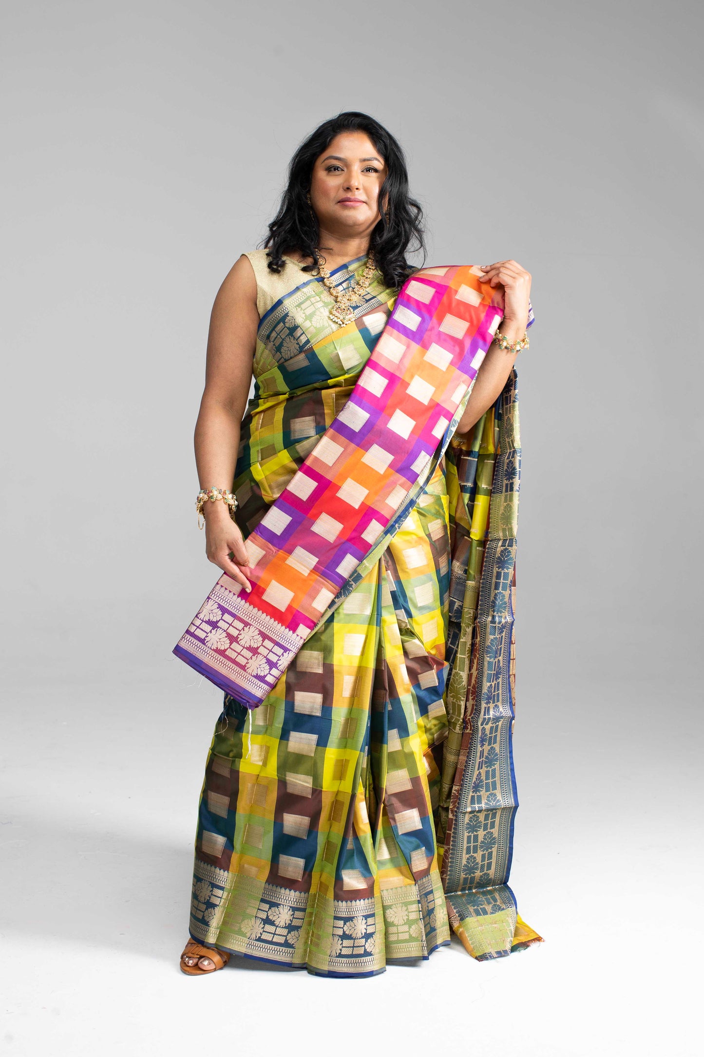 Radiant Multicoloured Chequered Silk Saree