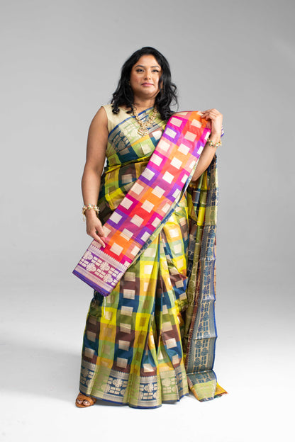 Radiant Multicoloured Chequered Silk Saree