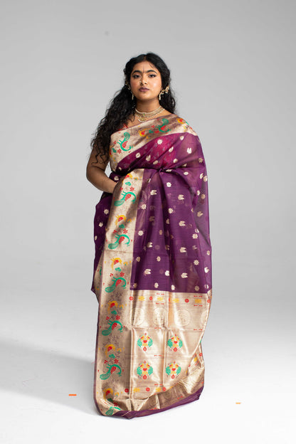 Elegant Deep Purple Cotton Saree with Silk Gold Zari