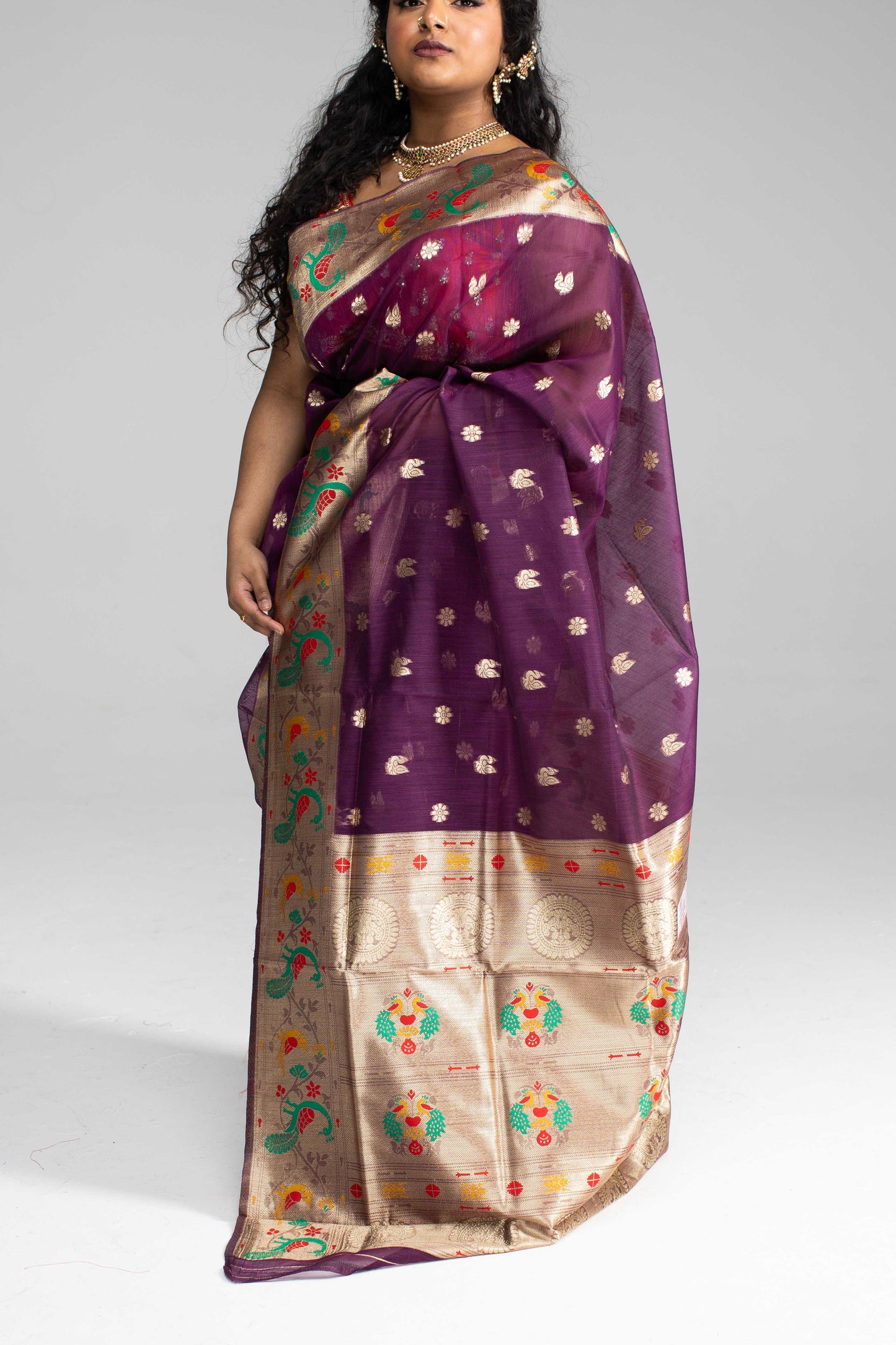 Elegant Deep Purple Cotton Saree with Silk Gold Zari