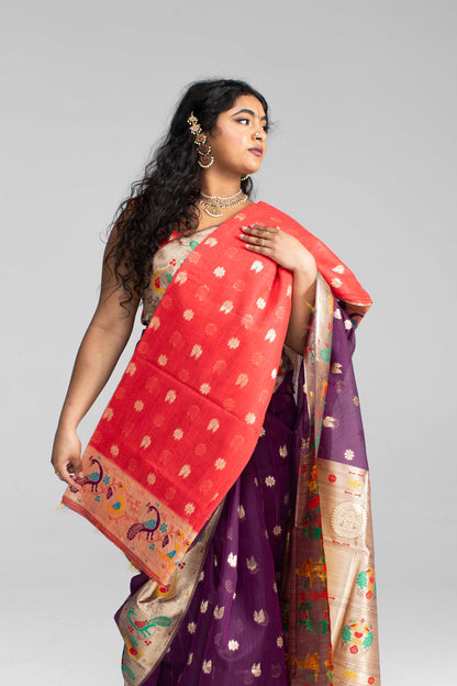 Elegant Deep Purple Cotton Saree with Silk Gold Zari