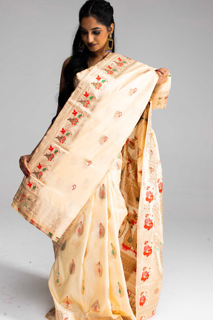 Graceful Cream Silk Saree with Gold Motif Work