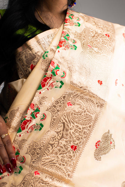Graceful Cream Silk Saree with Gold Motif Work