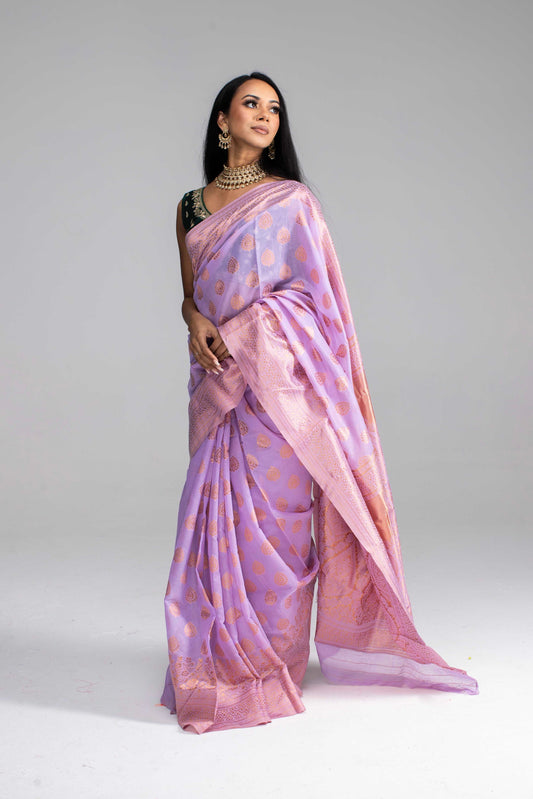 Lavender Cotton Saree with Gold Jari & Butta Work