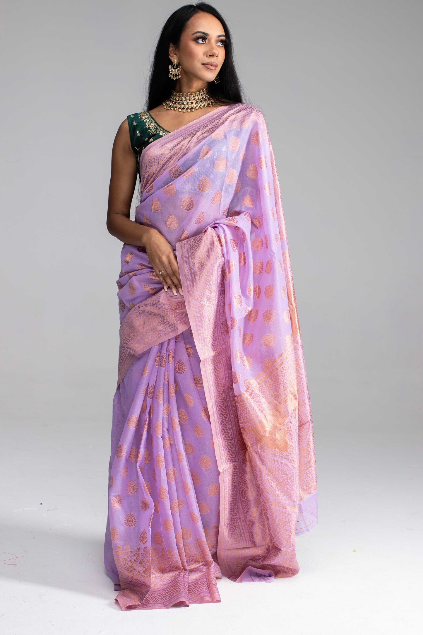 Lavender Cotton Saree with Gold Jari & Butta Work