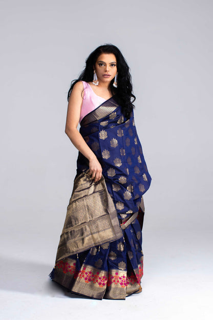 Stunning Navy Blue Saree with Gold Butta &amp; Floral Border