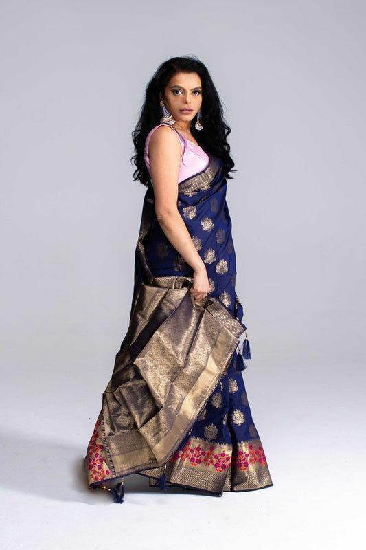 Stunning Navy Blue Saree with Gold Butta &amp; Floral Border