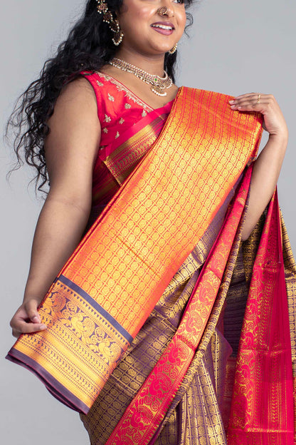 Luxurious Coffee Brown Saree with Full Golden Body & Red Border