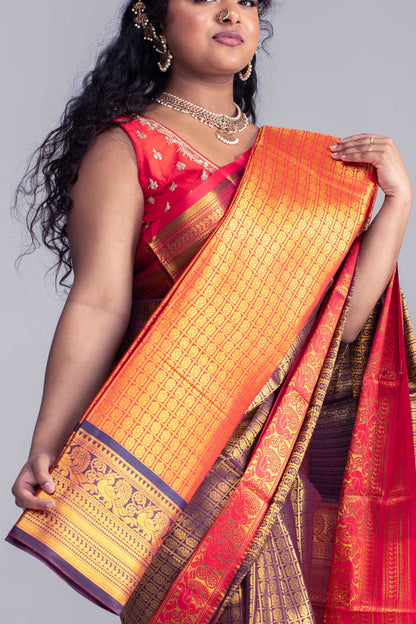 Luxurious Coffee Brown Saree with Full Golden Body & Red Border
