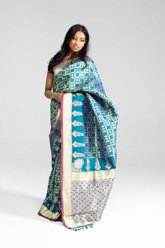 Teal Green Chequered Saree with Magenta Double Border & Trim