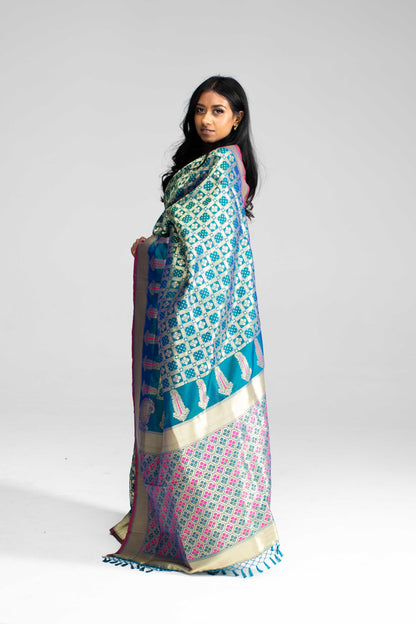 Teal Green Chequered Saree with Magenta Double Border & Trim