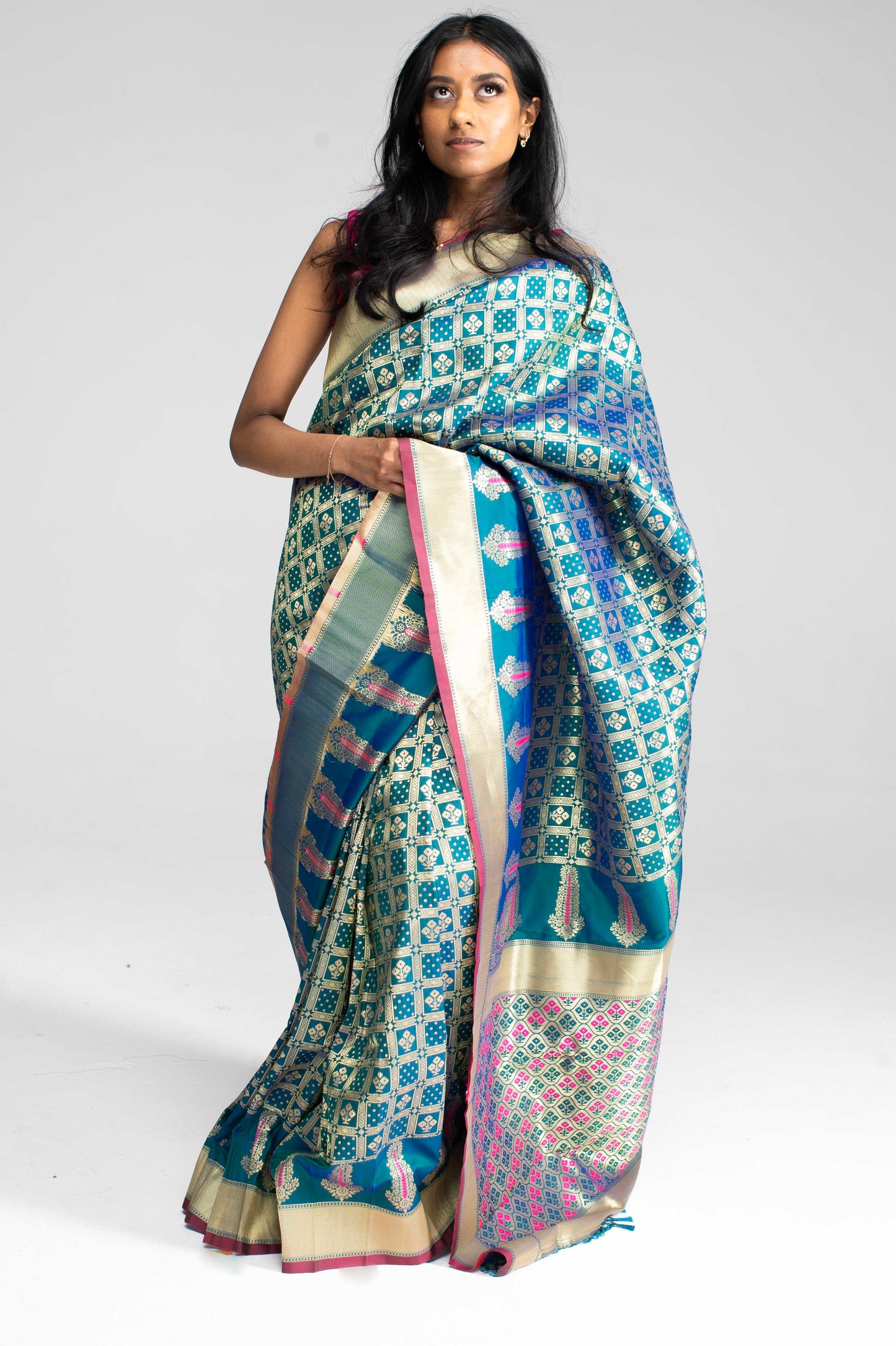 Teal Green Chequered Saree with Magenta Double Border & Trim