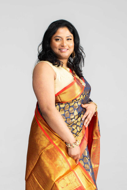 Rich Navy Blue Saree with Red Border &amp; Pallu – Gold Butta Motifs | Available in 4 Elegant Colours