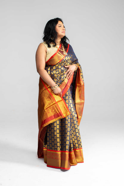 Rich Navy Blue Saree with Red Border &amp; Pallu – Gold Butta Motifs | Available in 4 Elegant Colours