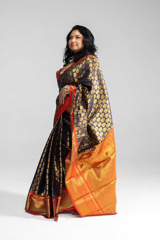 Rich Navy Blue Saree with Red Border &amp; Pallu – Gold Butta Motifs | Available in 4 Elegant Colours