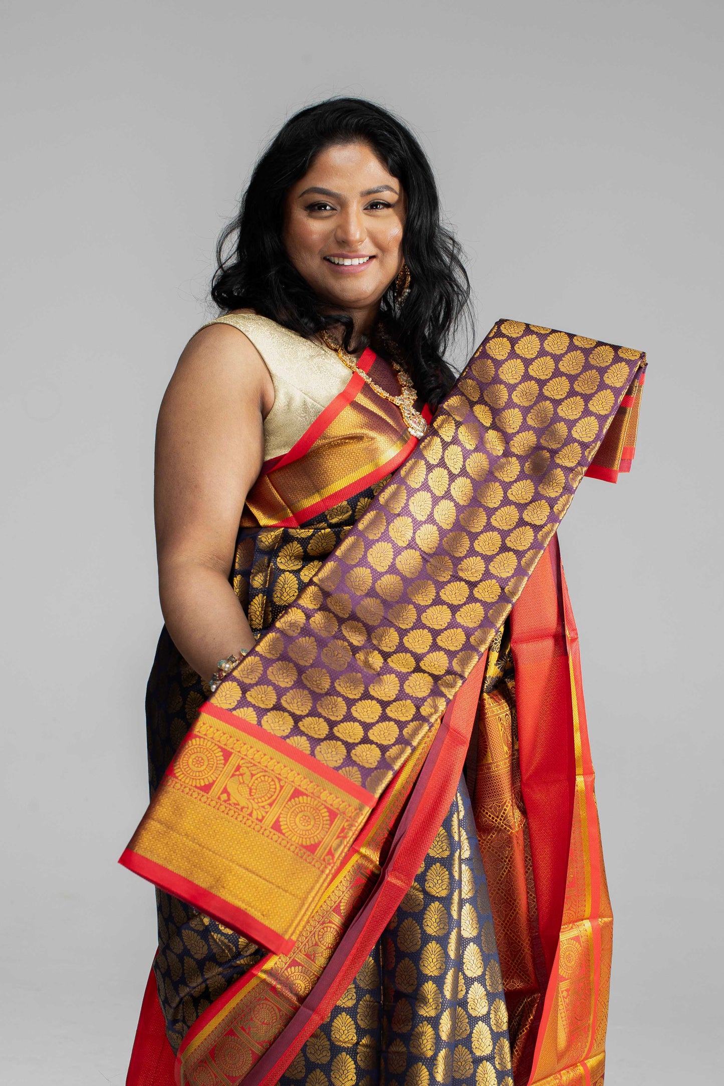 Rich Navy Blue Saree with Red Border &amp; Pallu – Gold Butta Motifs | Available in 4 Elegant Colours