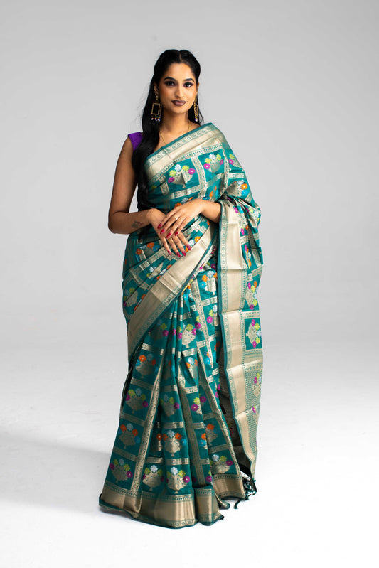 Teal Green Semi Cotton-Silk Saree with Gold Chequered Pattern & Floral Work