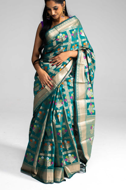Teal Green Semi Cotton-Silk Saree with Gold Chequered Pattern & Floral Work