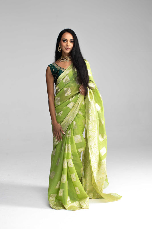 Lime Green Cotton Saree with Silver Jari